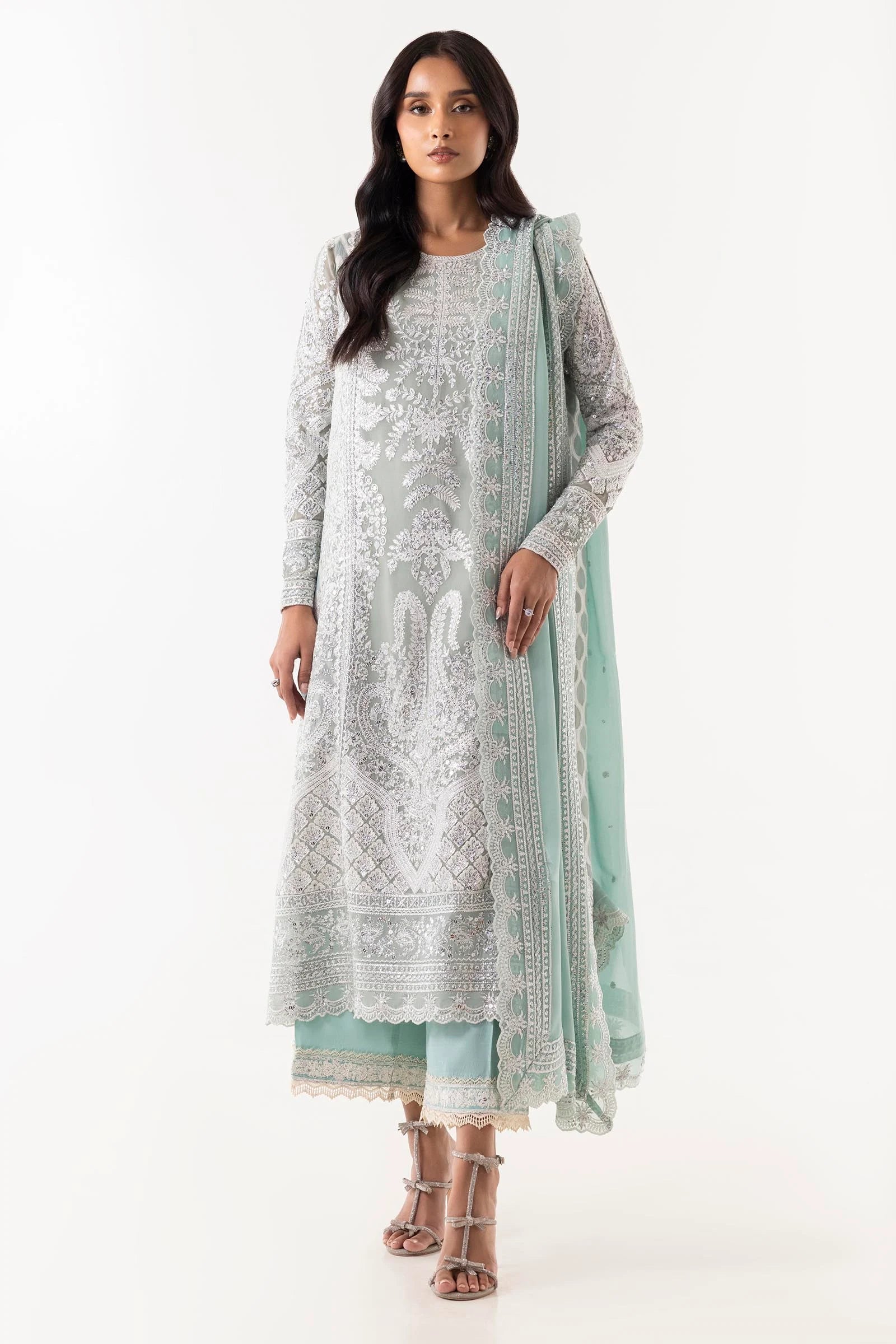 Stitched A-line Embroidered Shirt + Culotte+ Dupatta sana safinaz