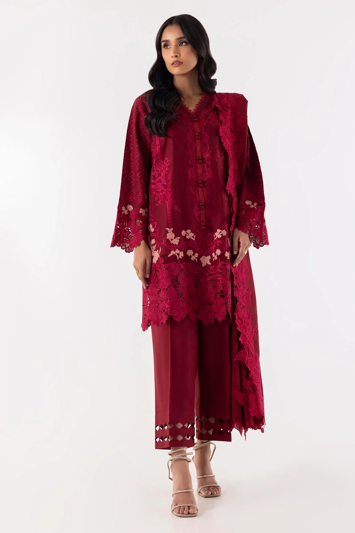 Stitched Maroon Embroidered Shirt + Culotte + Dupatta sana safinaz