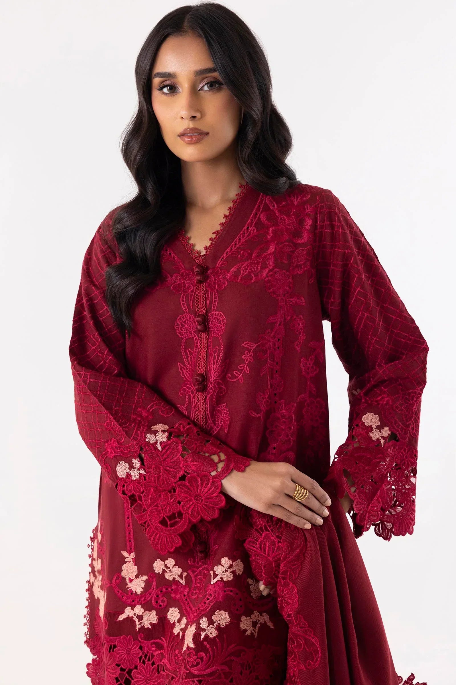 Stitched Maroon Embroidered Shirt + Culotte + Dupatta sana safinaz
