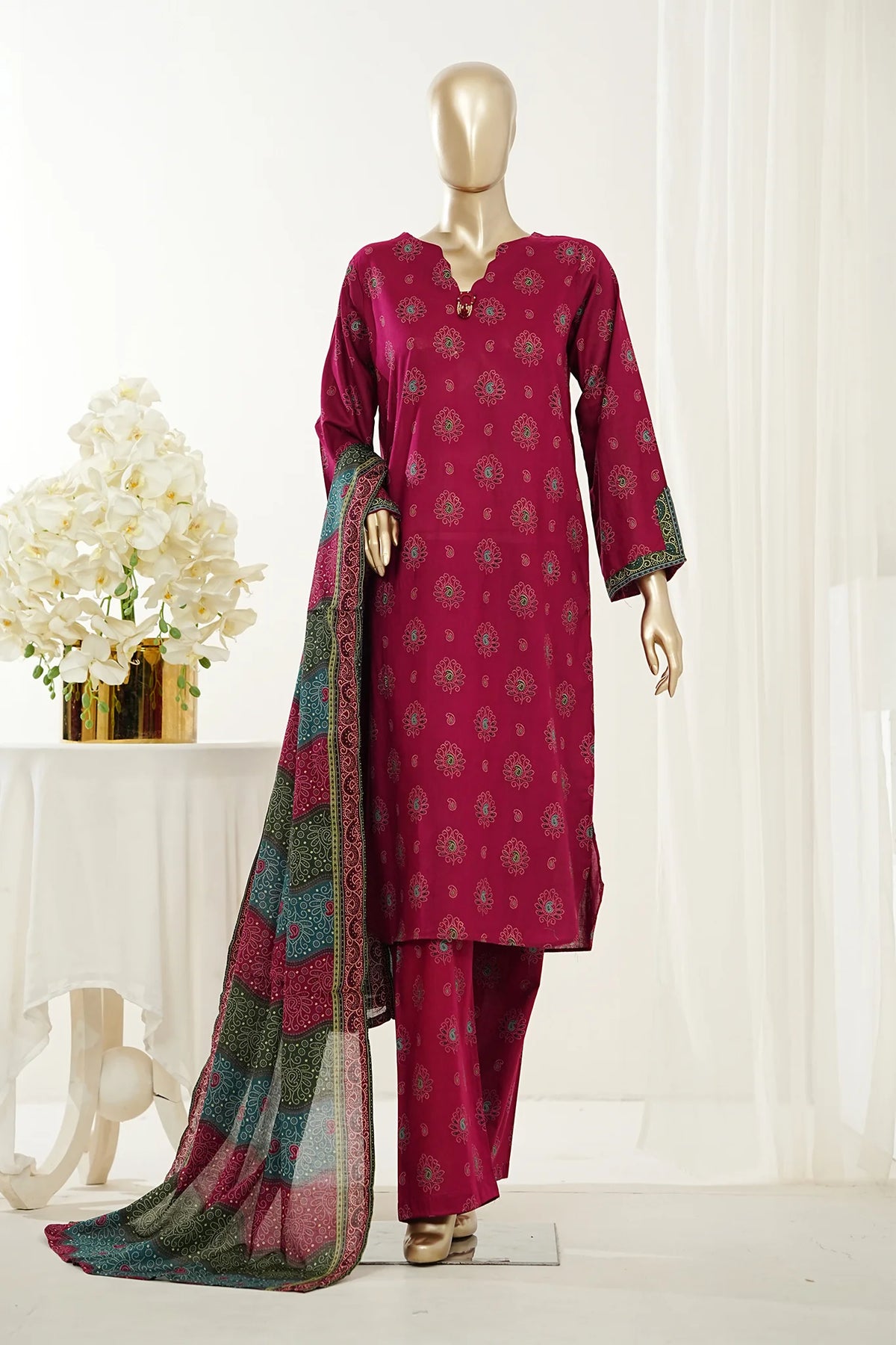 Bin Saeed Stitched 3 Piece Exclusive Printed Lawn Vol-10 Suit- LSM-2958-MAROON