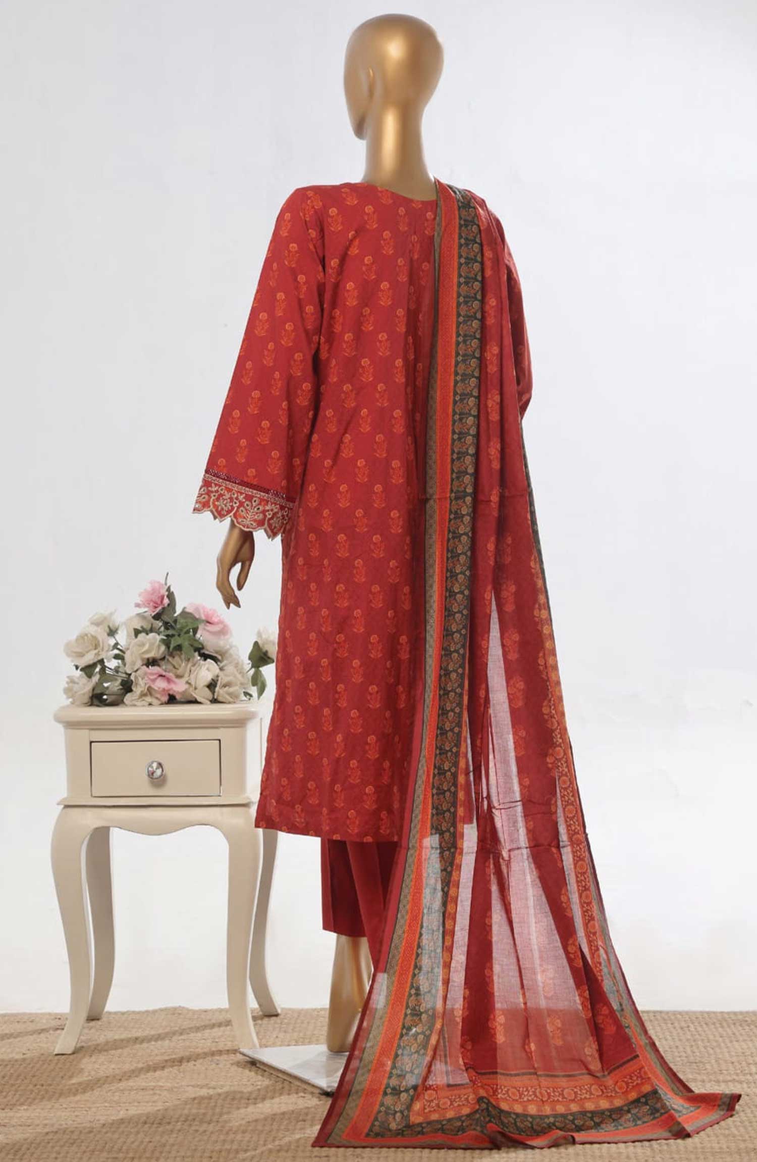 Bin Saeed Embroidered Lawn Stitched 3 Piece Suit - WC 18 - BS25EElV3 - Red - Summer Collection