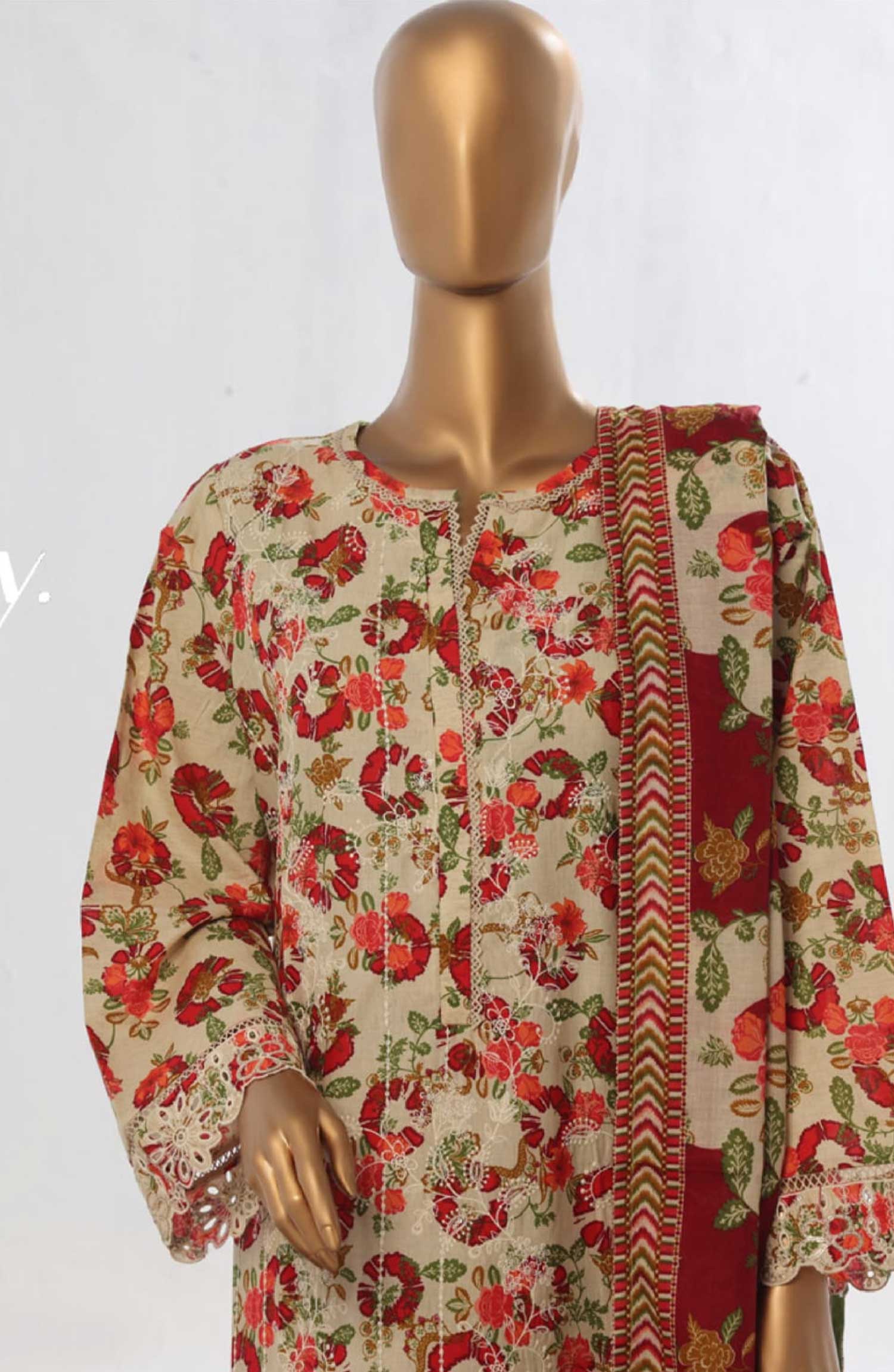 Bin Saeed Embroidered Lawn Stitched 3 Piece Suit - WC 50 - BS25EElV3 - Beige - Summer Collection